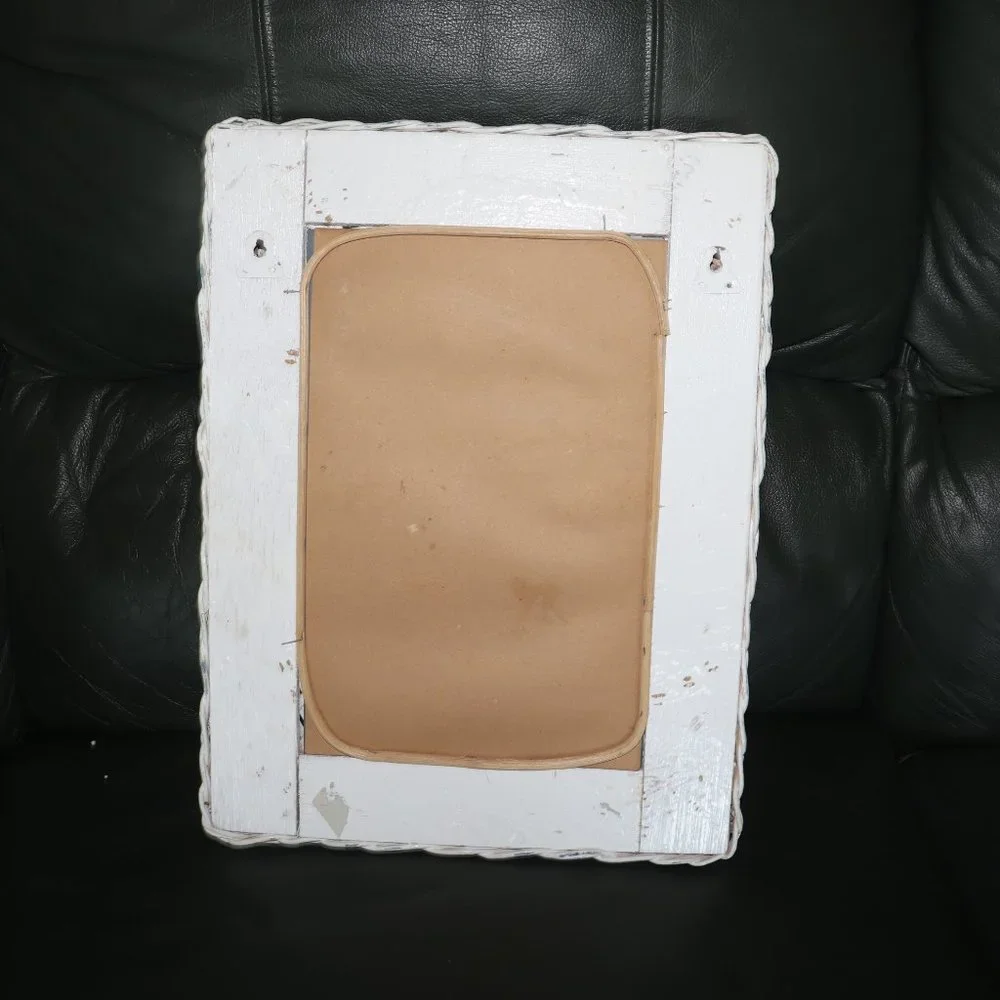 VTG White Wicker Wall Mirror Beach Cottage Style 12x16 Hanging Wood Frame